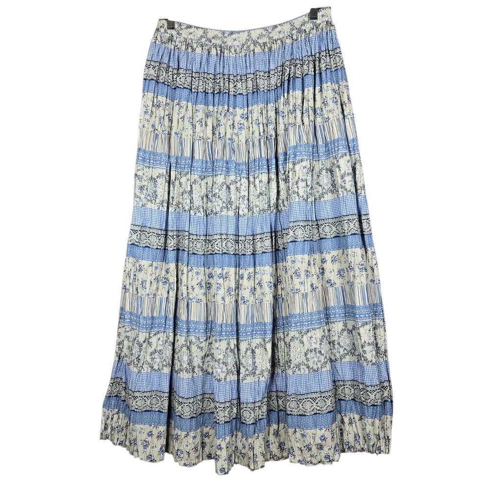 Vintage Donnkenny Classic Patchwork Maxi Skirt M Blue Floral Gingham Cotton Boho